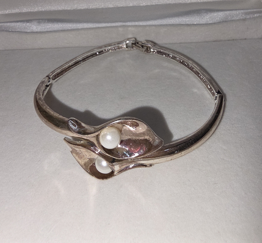 Avon Silver-Tone Floral Bangle with Pearl Accents